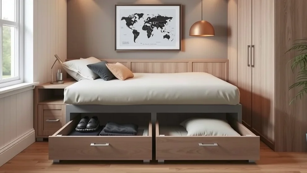 Platsbyggd säng med förvaring sparar plats hemma