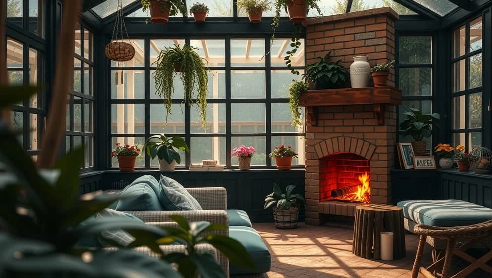 Växthus med kamin skapar mysig trädgård året runt